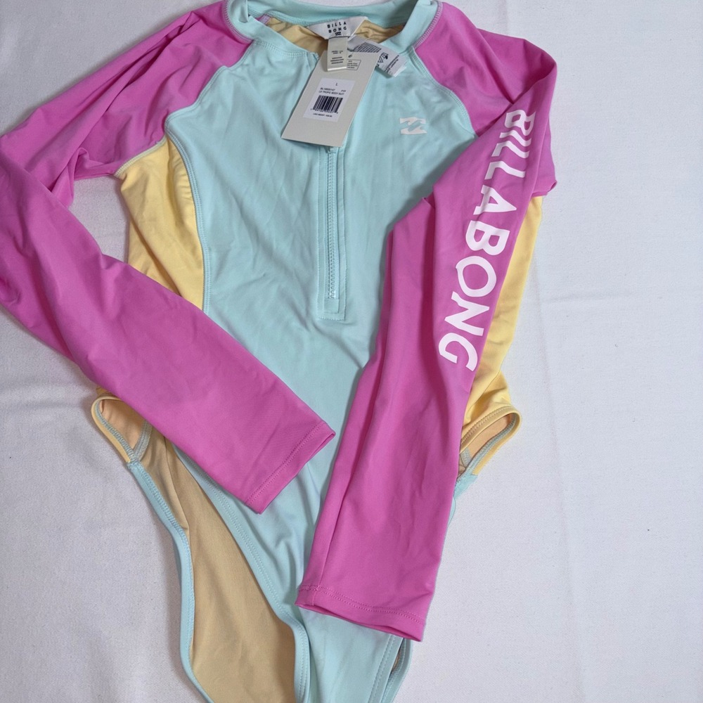 Billabong LS Tropic paddle suit Large Blue Pink Colorblock Long Sleeve Rashguard - Picture 6 of 9